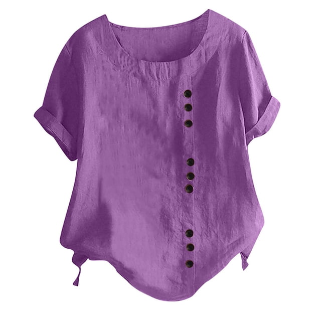 Mode Femme Été Col Rond Loisirs Manches Courtes Uni Boutons Hauts