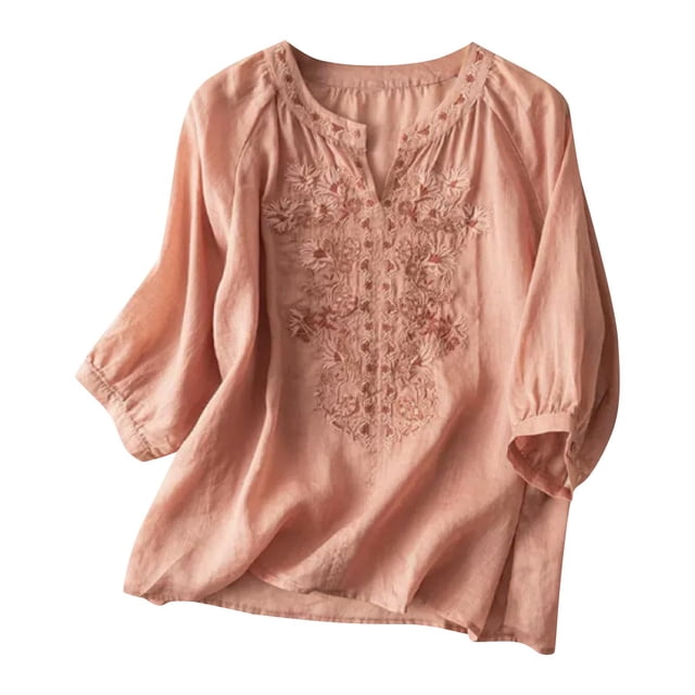 RKSTN Hauts pour Femmes Coton et Lin Brodés Manches Courtes Col Rond Blouses Amples Grande Taille Couleur Unie Hauts Polyvalents