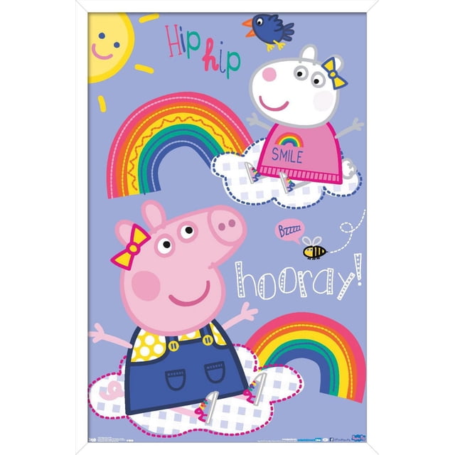 Peppa Pig - Hooray Wall Poster, 22.375" x 34" featuring Peppa Pig and Suzy Sheep sitting on white checkered clouds with colorful rainbows, a smiling sun, a blue bird, and a buzzing bee on a light purple background, with 'Hip hip hooray!' text, suitable for kids' room wall decor.