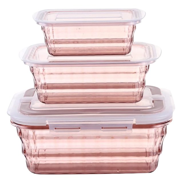 Binwennn Small Kitchen Storage 3 Fruit Fruit Containers with Tureen Bowl. The set includes three clear, stackable containers with lids, designed for food storage such as cereal, oatmeal, and fresh produce. Made of durable materials, these containers are suitable for meal prep, fridge storage, and pantry organization. The containers feature a transparent design with a subtle pink hue and secure sealing lids for freshness. Dimensions are approximately 25x17x10cm, with a total weight of 580g.
