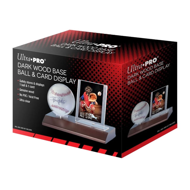 Ultra PRO Support d'Exposition en Bois pour Baseball et Cartes, Brun Bois Foncé avec base en Bois Véritable, Étui Rond Transparent pour un Baseball standard et Support vertical pour une Carte à Échanger de 2,5 par 3,5 Pouces, Montré avec une Carte de Baseball Signée et un Attrape-Cartes All-Star, Convient pour Protéger et Exposer des Souvenirs Sportifs de Collection.