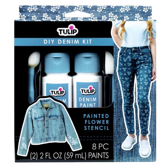 Kit DIY Peinture Denim Tulip, Peintures permanentes, Kit créatif pour débutants, Inclut pochoirs, tampons, pinceaux et guide de projet facile, 8 pièces