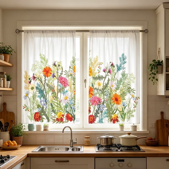 Weloille Kitchen Curtains 2D Printed Short Window Valance Tier Panel Set Decorative Small Drapes for Cafe Bathroom Living Room Half Window 1 Pair