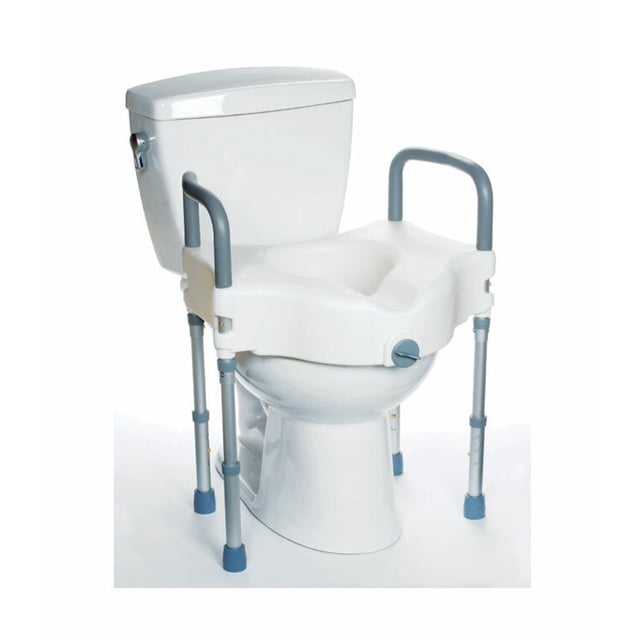 MOBB Raised Toilet Seat with Legs installed on a standard toilet, providing a height-adjustable frame with sturdy legs and padded foam rubber handles for stability. The twist clamp secures the seat to the toilet bowl, ensuring safety during use. Ideal for bathroom aids and toilet safety, the seat height adjusts between 19 and 23 inches, supporting up to 300 lbs.