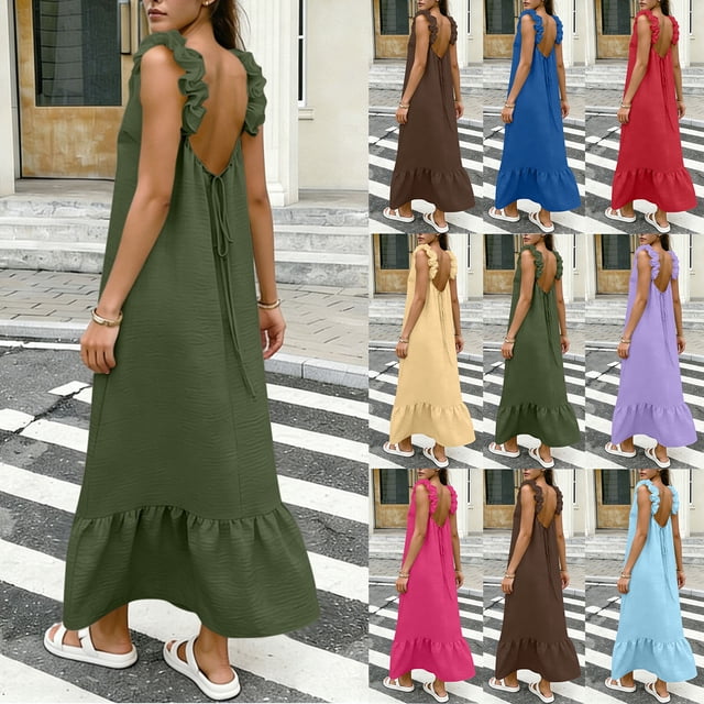 Sentmoon Robe de Cocktail Grande Taille Formelle Sans Manches à Col Ras du Cou Robe Femme Printemps Couleur Unie Dos Nu Coupe Régulière Robe de Printemps Grande Taille Respirante pour Voyage et Vacances TG