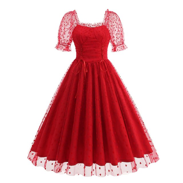 hotojiny Robes de Cocktail pour Femmes Renaissance Vintage en Maille Manches Courtes Bouffantes Robe Midi Rétro Cœur Ligne A Fluide Robes de Fête