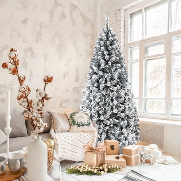 Costway 6ft Premium Snow Flocked Hinged Artificial Christmas Tree Unlit w/ Metal Stand