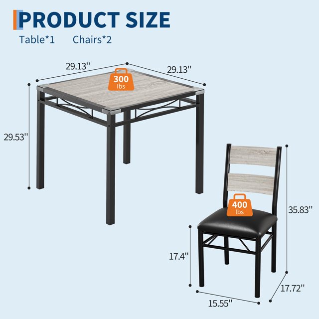 GloryStar Dining Table Set for 2, Dining Table with 2 Upholstered Chairs, Wood 3-Piece Kitchen Dining Room Table Set with Corner Protector for Small Space, Kitchen, Apartment