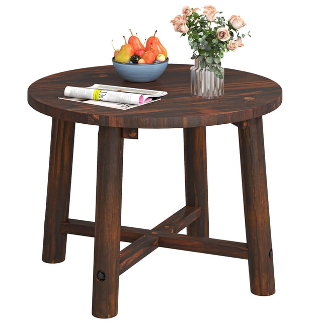 Costway 1 PCS Table d'Appoint Extérieur avec Structure en Bois Massif, Petite Table Basse Ronde Fabriquée en Bois de Sapin et de Pin. Elle Présente une surface Peinte, un design Rustique à grain de Bois, des Poteaux Ronds Robustes, des Barres Croisées Doubles et une base en X pour la Stabilité. Idéale pour les Jardins Ou les Salons.