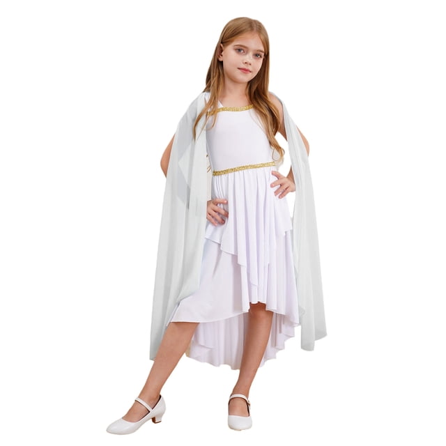 YiZYiF Enfants Filles Grecque Rome Égypte Toge Princesse Costume Sans Manches Tulle Châle Robe Patchwork pour Halloween Cosplay Blanc 8