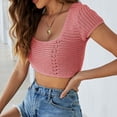 thumbnail image 2 of Square Neck Crop Tops for Women Short Sleeve Crochet Knit Going out Tops Basic Slim Cropped T Shirts, 2 of 4