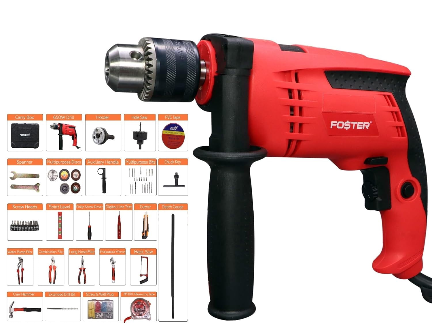 Fk-5513 Pro Perceuse à Percussion Réversible 160 Pcs Trousse d'Outils Manuels / Taille de Mandrin 13 mm, 650 W / Réversible, Ergonomique, Légère, Prise Souple, Embout Interchangeable / Perceuse Combinée