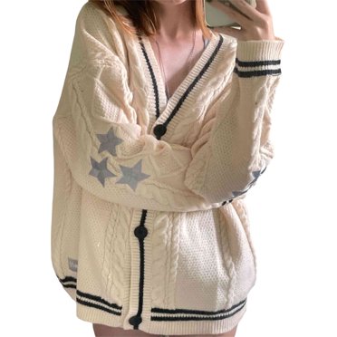 Cardigan en Tricot Y2k pour Femmes, Chandail à Manches Longues, Col en V, Broderie d'Étoiles, à Simple Boutonnage, Surdimensionné, Vêtement d'Extérieur