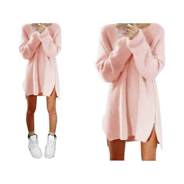 MesaSe Femmes O-Cou Pull à Manches Longues Robe Haut-Bas Côté Fermeture Éclair Robe en Tricot en Vrac