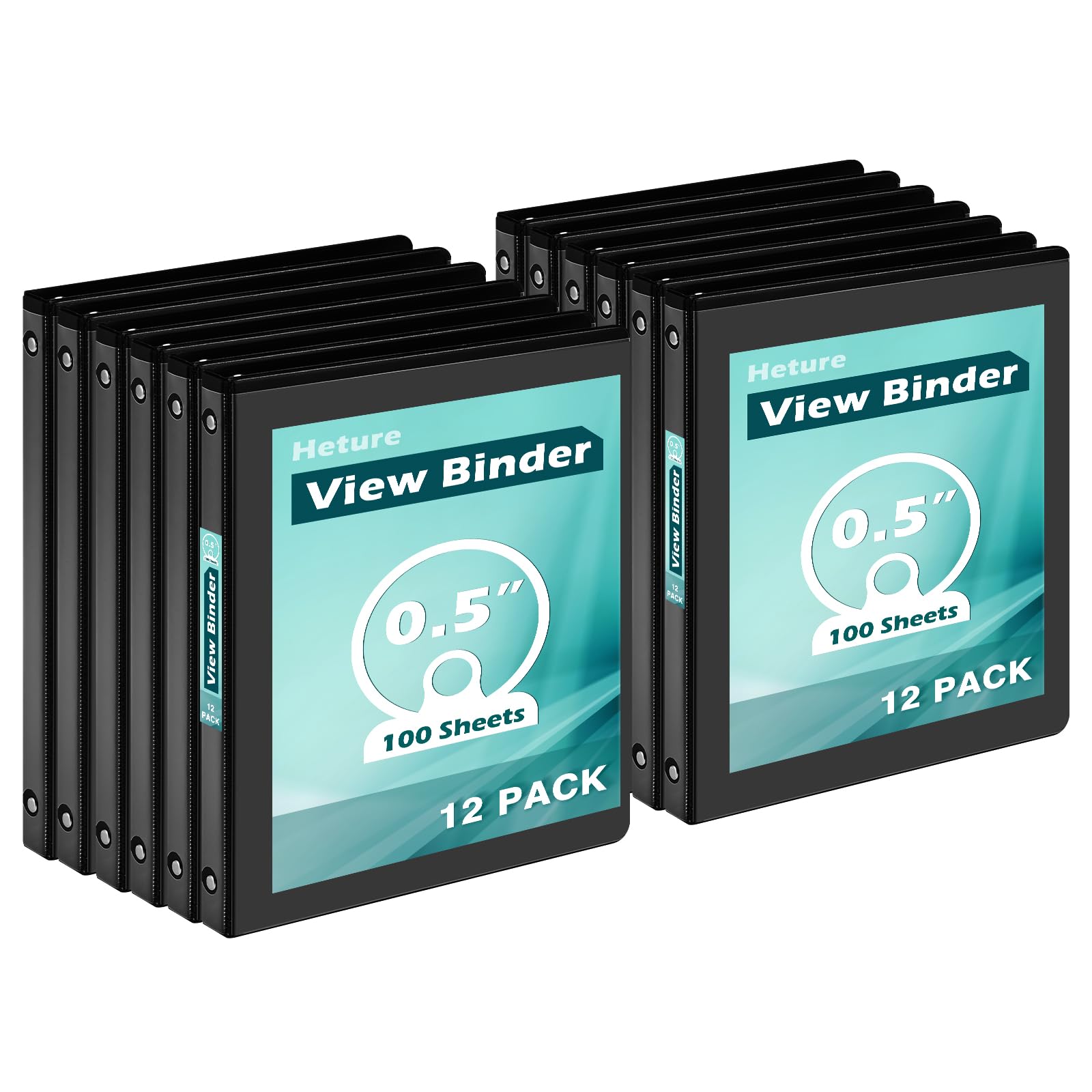 Heture 3 Ring Binder 0.5 Inch 12 Pack, 0.5" Clear View Round Ring Binders, PVC-Free, Holds for 100 Sheets 8.5"x 11" US Letter Size Paper, 1/2 in Durable Black Binders fo