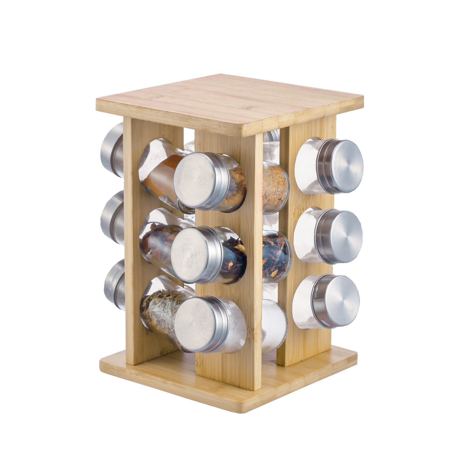 JS Gourmet - Ensemble de 12 Pots à Épices avec Support Rotatif en Bambou