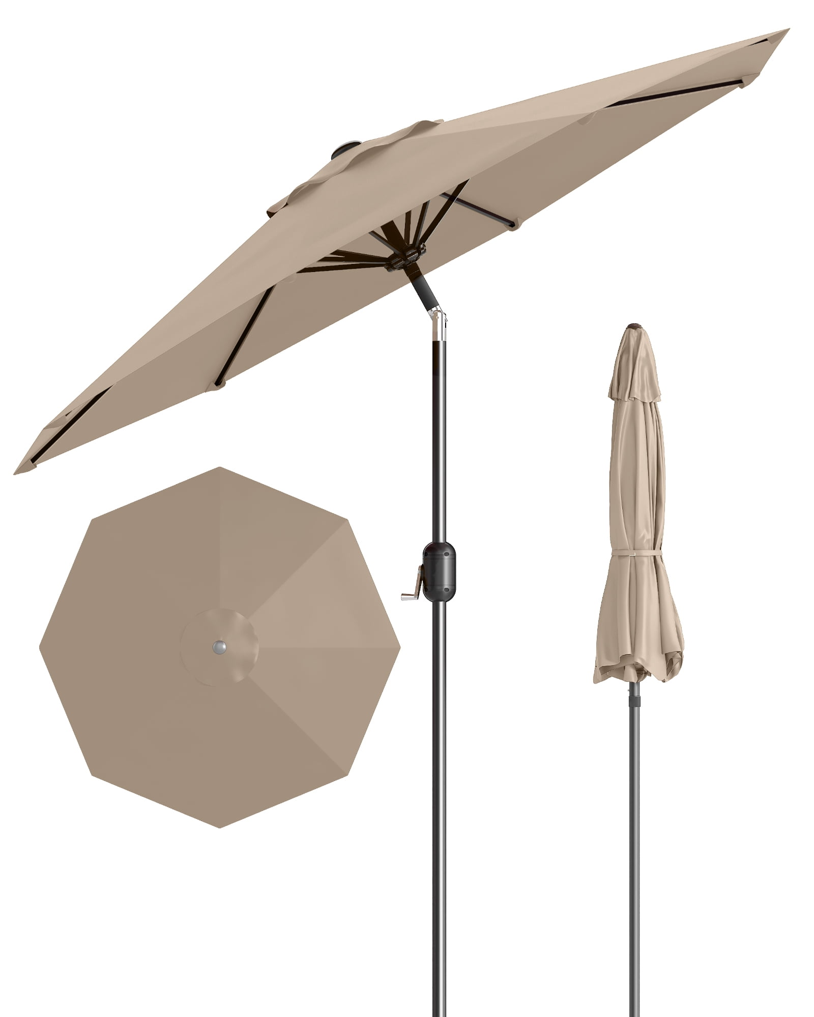 Parasol de Patio Parasol de Marché 9 Pi Beige - 8 Baleines Robuste avec Manivelle et Inclinaison à Bouton-Poussoir, Pare-Soleil Imperméable pour Table Extérieure, Terrasse, au Bord de la Piscine, Jardin (Lot de 1)