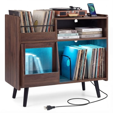 Gymax Support pour Tourne-Disque avec Lumière DEL, Prises de Courant, Porte Coulissante, Support de Rangement pour Vinyle