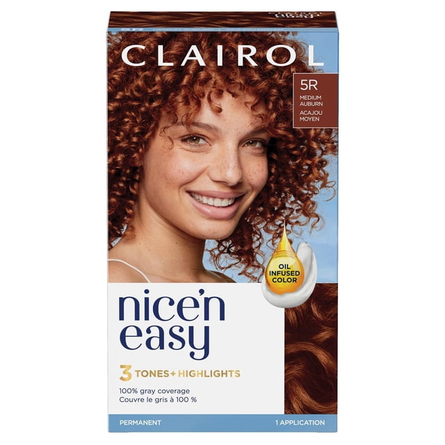 Clairol Nice'n Easy Teinture Capillaire Permanente en 5R Teinte Auburn Moyenne Comprenant 3 Tons et Mèches pour une Apparence Naturelle, Couleur Infusée d'Huile avec Couverture des Cheveux Gris à 100 % et un kit d'Application pour des Résultats Durables.