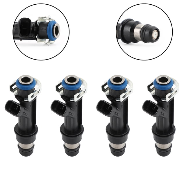 4PCS Fuel Injectors 25319306 fit for Chevy Cavalier and Pontiac Sunfire models from 2000 to 2002 with 2.2L engines. These automotive replacement parts feature a black and blue design with metal accents, offering high impedance and precise fuel atomization for enhanced MPG and acceleration. Includes detailed views of connectors and nozzle tips.