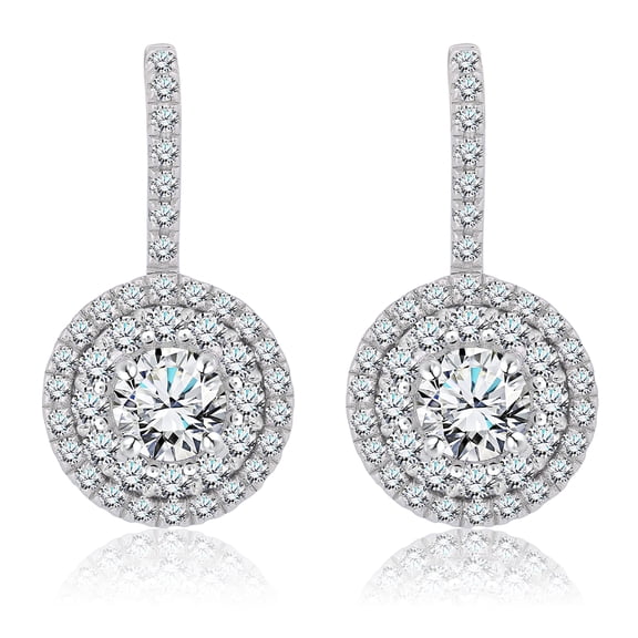 JeenMata 1 Carat Lab Grown Diamond Halo Drop Earrings - Round Cut Vintage Inspired Earrings in White Gold Plating