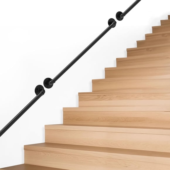 Industrial Pipe Stair Handrail, 3 PCS 3.2 FT Metal Hand Railing for Stairs, Stair Railing Indoor Hand Rails for Indoor Stairs Handrails for Outdoor Steps Wall Mount Outdoor Handrail Grab Bar, Black