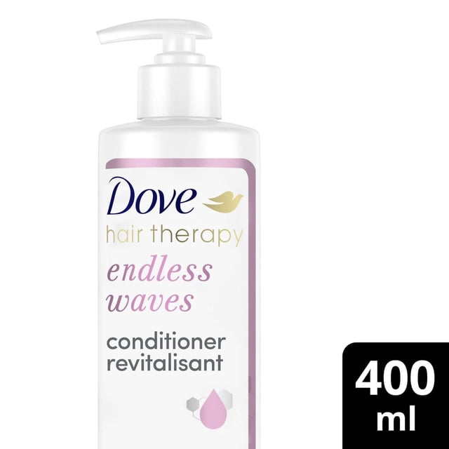 Dove Hair Therapy Endless Waves Conditioner in a white pump bottle with purple and gold text, moisturizing conditioner with raw shea butter to nourish and define naturally wavy hair, shown with a 400 ml label.