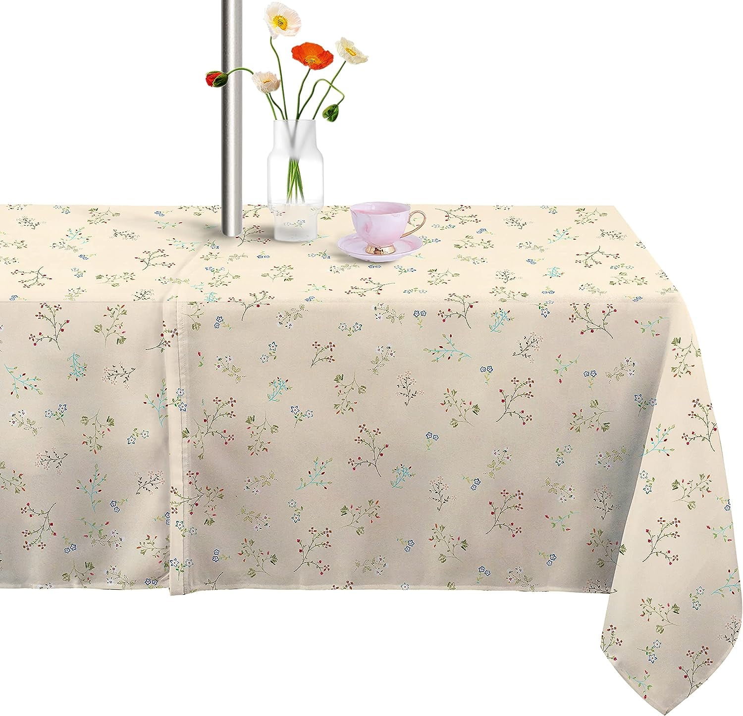 Small Flower Tablecloth for Spring Summer, 60 x 84 Table Cloth with Umbrella Hole and Zipper, Perfect for Kitchen Dining Room Picnic Party Banquet, Outdoor Indoor Use