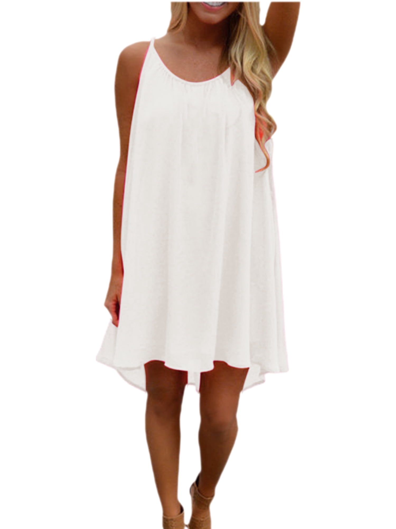 Innerwin Robe Mini Couleur Unie Débardeur Femme Fête Encolure Dégagée Ample Été Plage Robe d'Été Blanche TTG