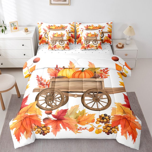 Ensemble de Douillette Simple Citrouille de l'Action de Grâce 7 Pcs, Décor d'Automne Feuilles d'Érable Lit Tout-en-un, Ensembles de Literie de Ferme Récolte Feuilles d'Automne avec Douillette, Taies, Drap Plat, Drap-Housse