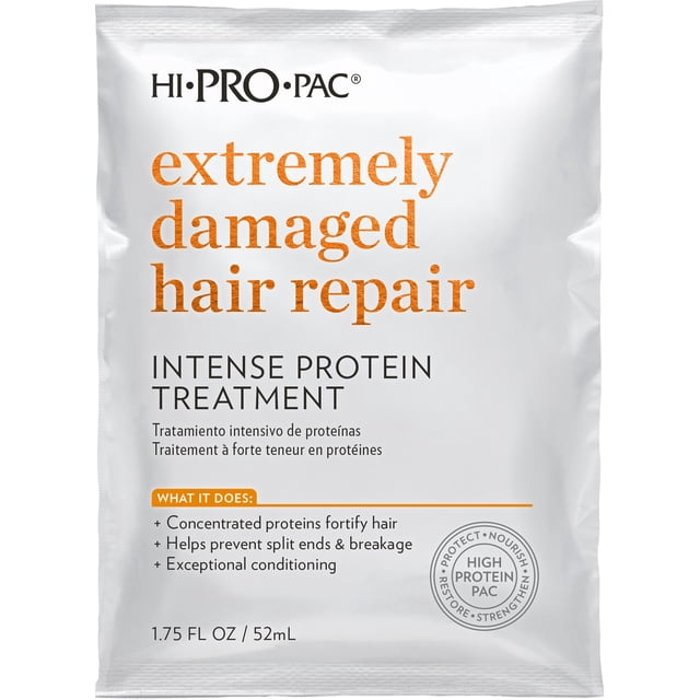Hi-Pro-Pac Hi-Pro-Pac pks Traitement Extrêmement Protéiné, 1,75 Fl Oz (12 Pcs). un sachet Blanc avec Texte orange Audacieux Lisant « Réparation des Cheveux Extrêmement Abîmés » et Texte Noir le Décrivant comme un Traitement Protéiné intense. l'Emballage Met en Valeur des Bienfaits Tels Que Fortifier les Cheveux, Prévenir les Pointes Fourchues et Offrir un Conditionnement Exceptionnel. Contient 52 ml (1,75 Fl Oz) par sachet.