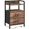 LED Nightstand with Charging Station, Bedside Table with Storage Shelf and 2 Fabric Drawers, Smart LED Light Strip, Modern End Table for Bedroom,Natural