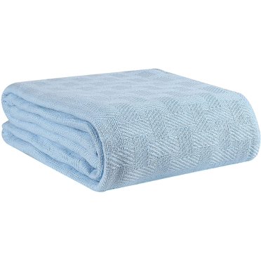 100% Cotton Bed Blanket, Breathable Bed Blanket Queen Size, Cotton Thermal Blankets Full - Queen Size, Perfect For Layering Any Bed For All Season - Sky Blue