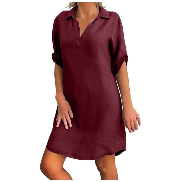 Jupes pour Femmes Mode Femmes Grande Taille Uni Coton Lin Col Rabattu Robe-Chemise Ample