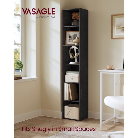 6-Tier Adjustable Bookshelf with Open Storage, 9.4x11.9x63.3 Inch Bookcase for Living Room, Home Office, Ebony Black
