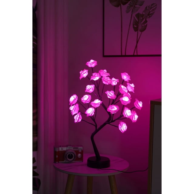 Boovnll Desk Lamp, Rose Flower Table Tree Light 24 Leds Desk Top Bonsai Lighted Tree Battery Operated Usb Plug Powered Tree Table Lamp Rose Flower Desk Tree Lamp for Home Party We, Table Lamp