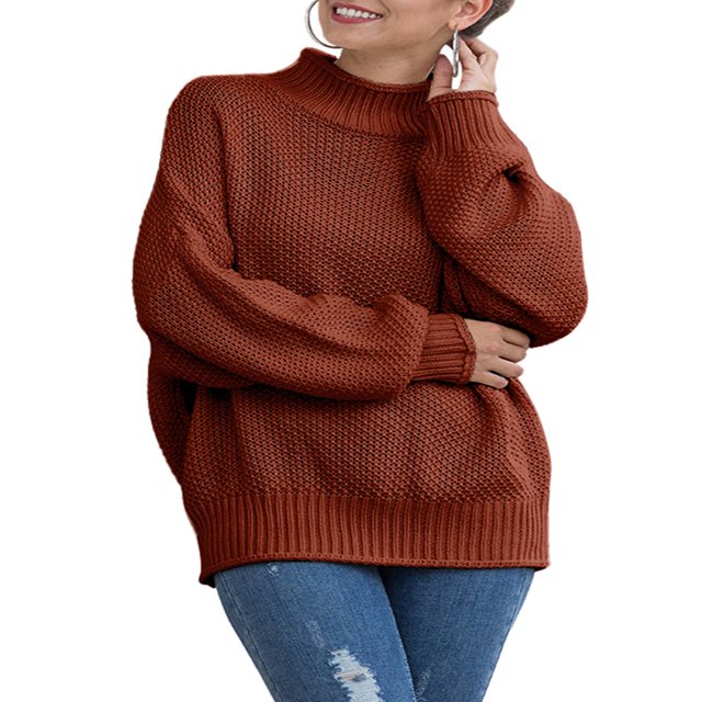 Automne Hiver Femmes Col Roulé Pull à Manches Longues en Vrac Gros Pull en Tricot