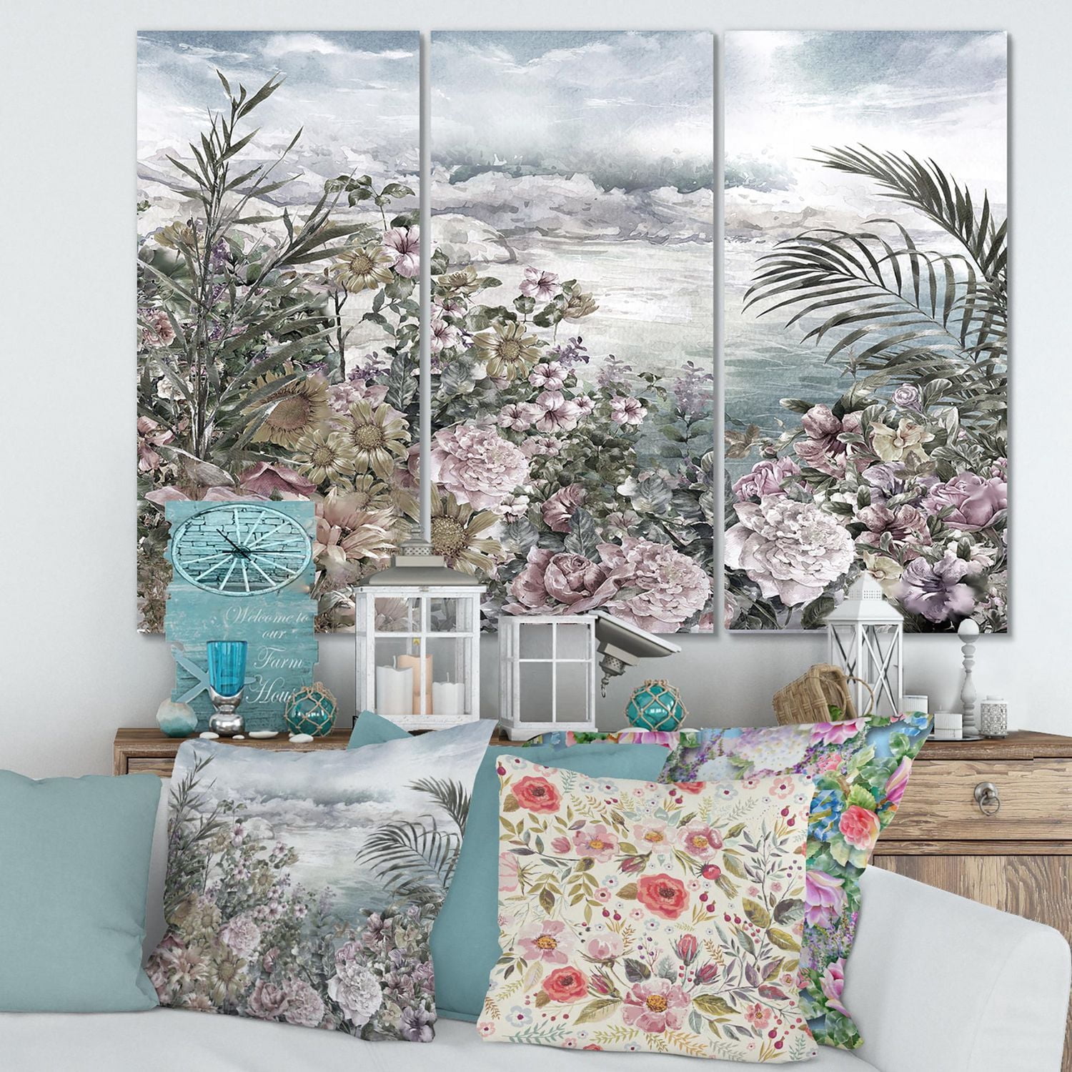 Designart Retro Flowers By The Sea Side Canvas Wall Art