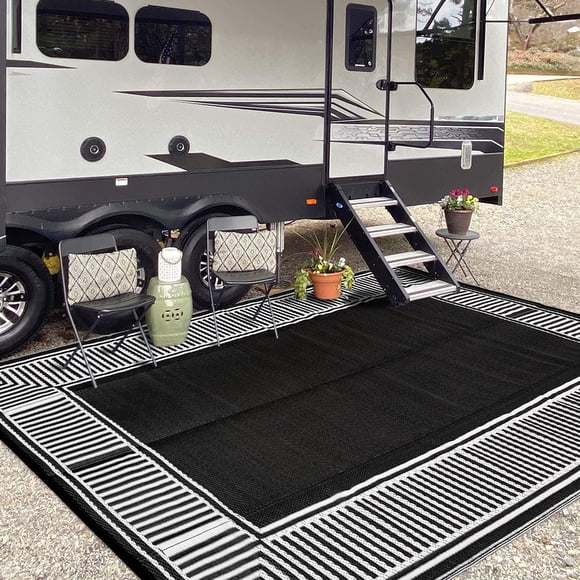 Nanan 9'x12' Modern Outdoor Rug, Striped Border All-Weather Waterproof Patio Mat, UV & Stain Resistant, Easy Clean Plastic Rug for Patio Garden RV Campsite, Black White