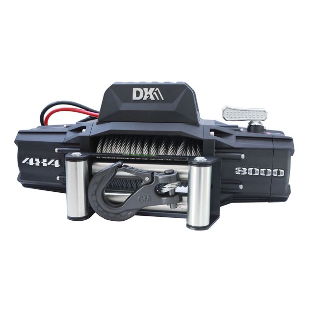 DK2 8,000 lb Premium Electric 4x4 Winch with steel cable, front-facing view showing black housing with DK2 logo, 4x4 and 8000 markings, heavy-duty steel hook, and dual silver roller fairleads designed for vehicle towing and off-road recovery.