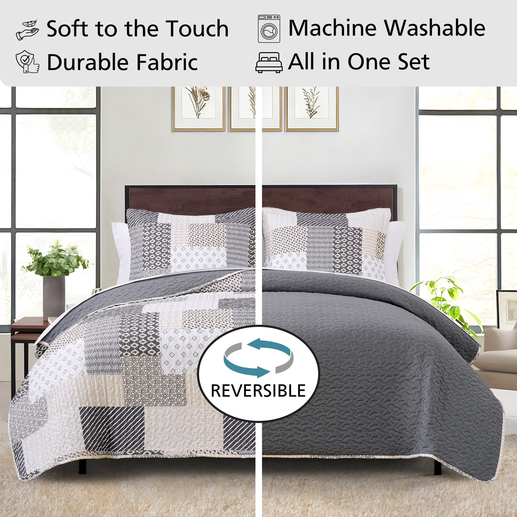 Mainstays Ensemble courtepointe et drap-housse légers tout-en-un - 7 pièces, Lit 2 PL, Patchwork