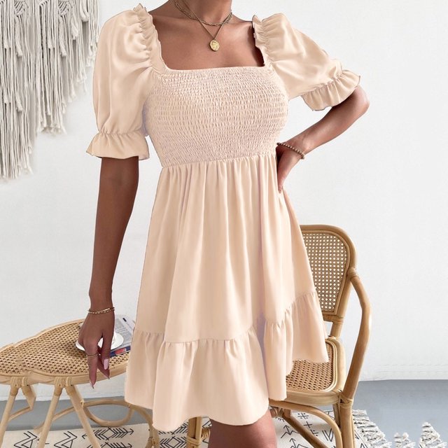EGNMCR Robes de Fête pour Femmes Robe Unie pour Femmes de Printemps et d'Été à Manches Courtes avec Ceinture à la Taille, Manches à Volants, Encolure Carrée