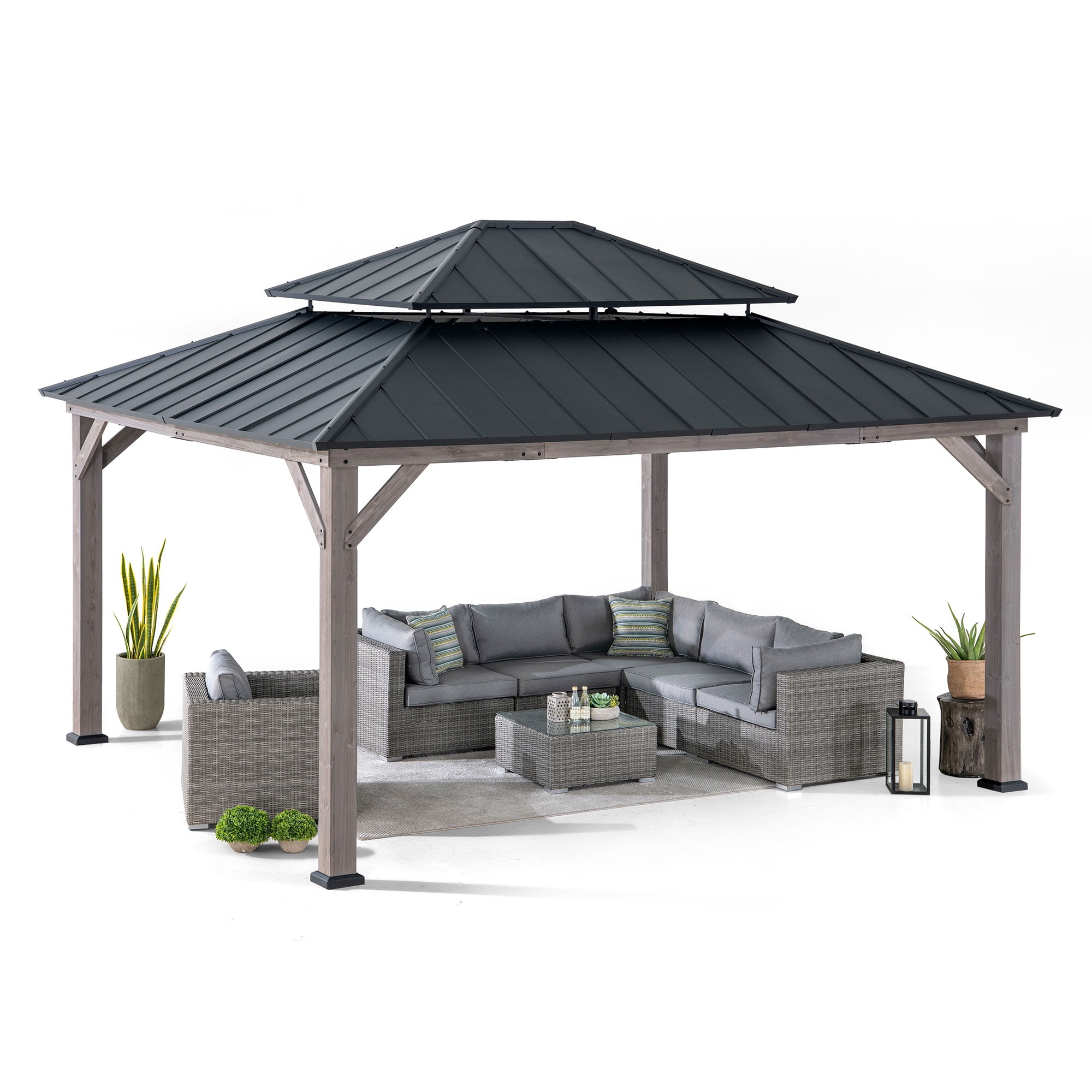 Sunjoy Gazebo à ossature en cèdre de 13 pi x 15 pi avec toit en arêtier à 2 niveaux en acier noir