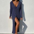 thumbnail image 1 of Robe Chandail Longue en Tricot à Col en V Profond pour Femmes avec Boutons, Manches Longues, Robe Maxi, 1 of 6