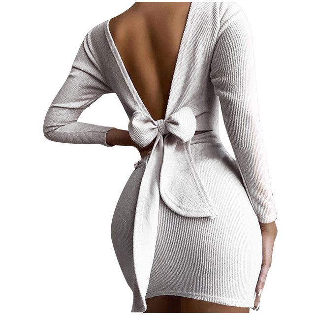 PVCS Mode Femmes Automne Uni Ceinture Manches Longues Dos Nu Col Rond Mini Robe