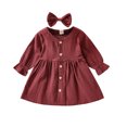 thumbnail image 1 of SUNSIOM 2Pcs Kids Outfit, Solid Color Single-Breasted Dress + Bow Hair Clip, 1 of 10