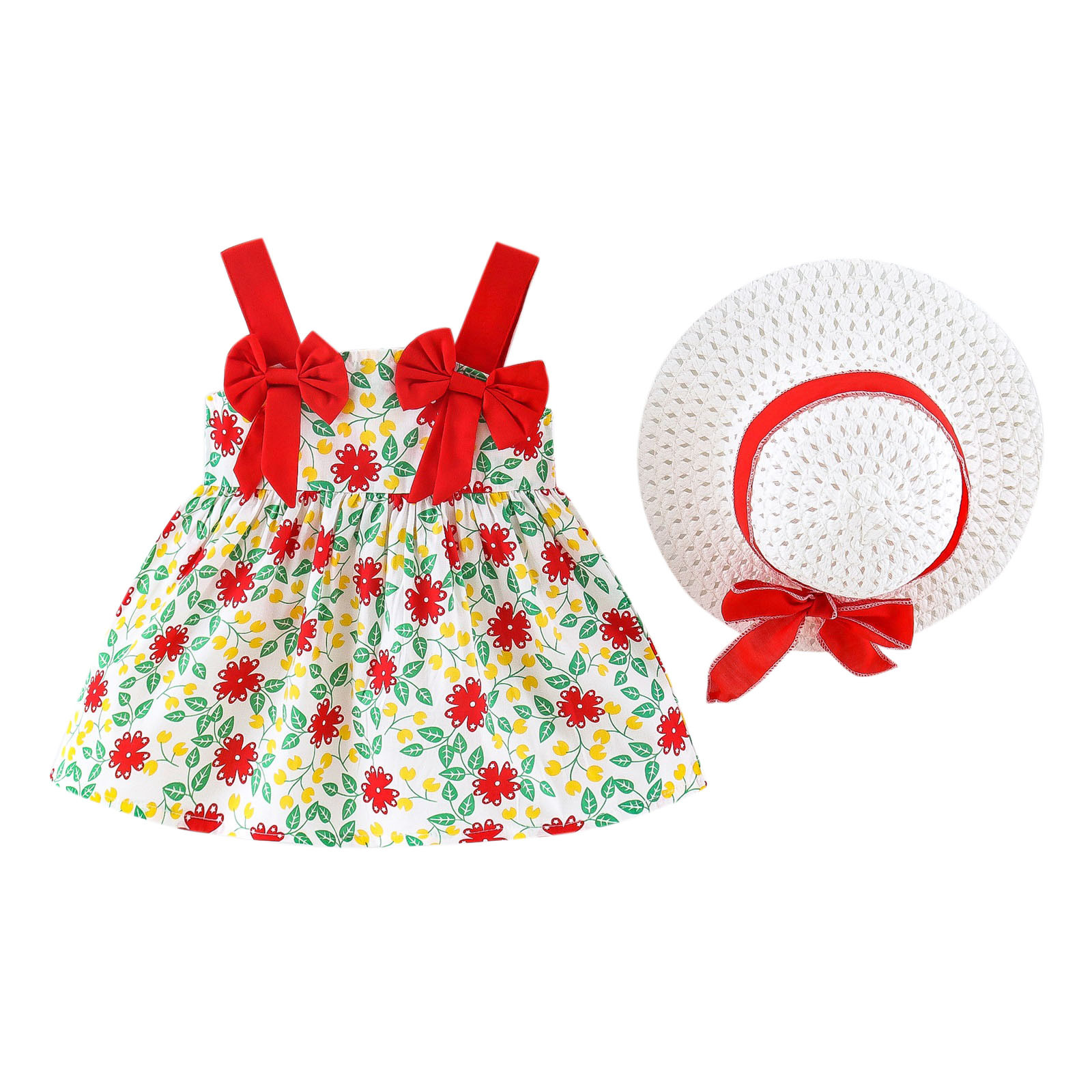 B91xZ Robe Chemise Tunique Basique d'Été Sans Manches en Coton à Fleurs pour Fille, Rouge 2-3 Ans