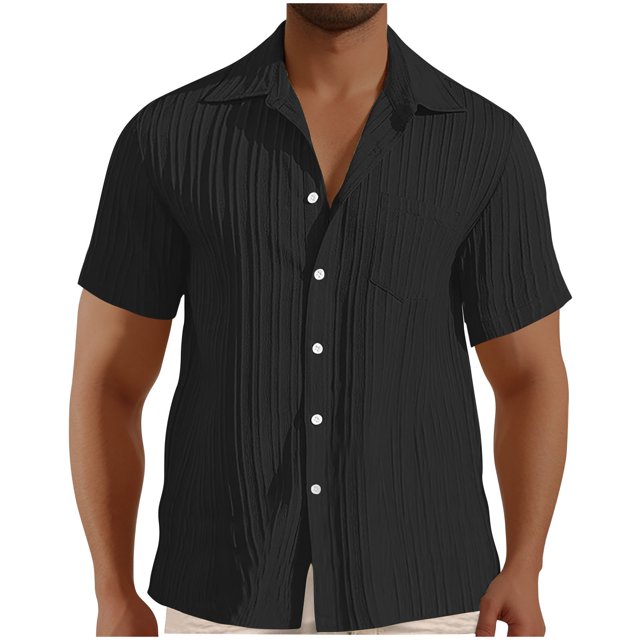 Chemises pour Hommes, Chemise Habillée Décontractée à Manches Courtes Boutonnée Texturée Hawaïenne Unie