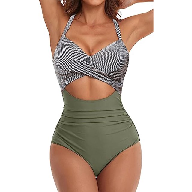 Innerwin Swimwear Gradient Women Bathing Suits Surfing Long Sleeve Backless One Piece Swimsuit Green + Diagonal Bar XL