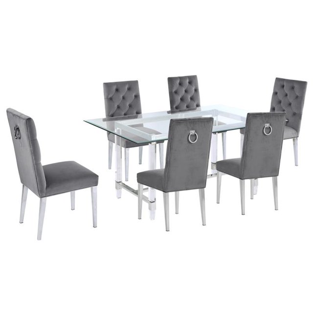 7pc. 68" x 40" Glass Dining Set with 6 Chairs and Silver Stainless Steel